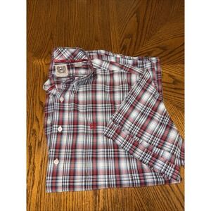 Cinch Western Shirt Mens Large Red/Blue Plaid Short Sleeve Cowboy Pocket Cotton